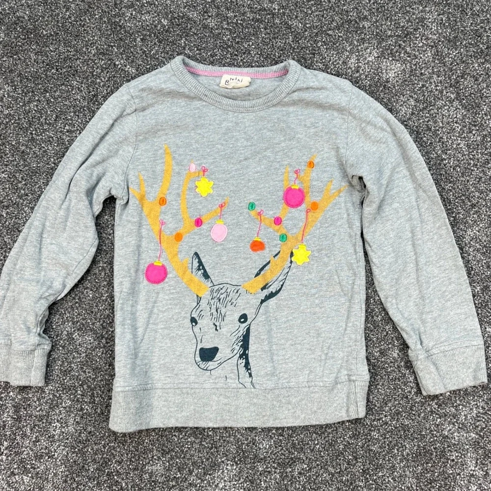 Mini Boden‎ Grey Reindeer Embroidered Ornaments Christmas Sweatshirt Kid's 4-5Y